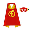 Red superhero cape and mask set for kids dress-up fun featuring a lightning bolt emblem
