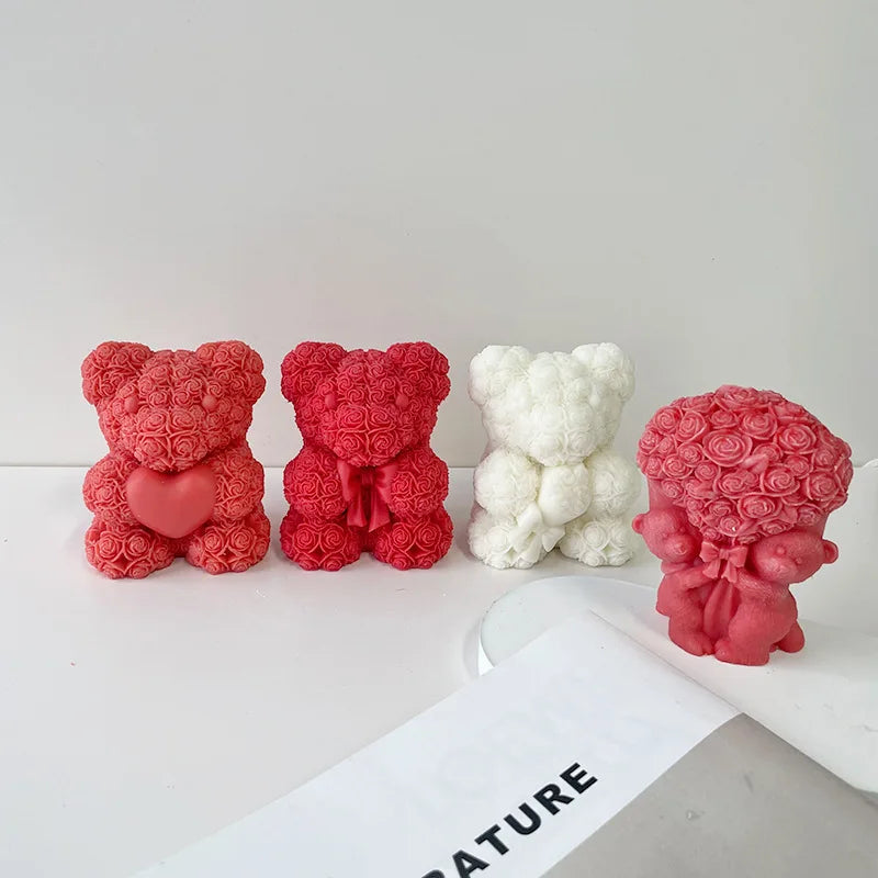 3D Rose Love Bear Silicone Mold for Candles, Soap, and Resin Crafts