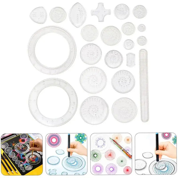A collection of 22 clear plastic spirograph drawing pieces and tools for creating spiral art.