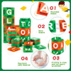 A set of green and orange magnetic building blocks shaped like uppercase letters, demonstrating rounded edges, stability, non