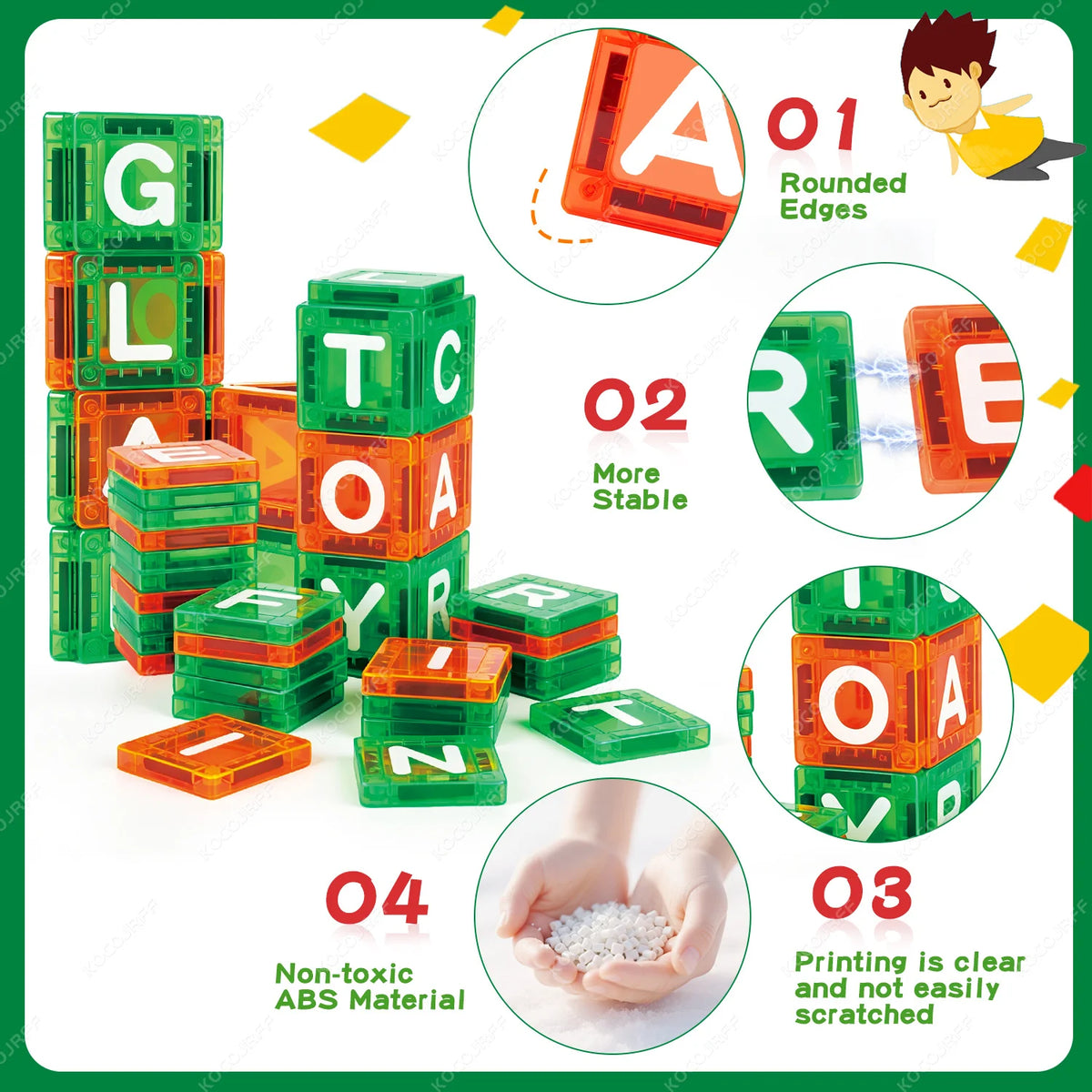A set of green and orange magnetic building blocks shaped like uppercase letters, demonstrating rounded edges, stability, non