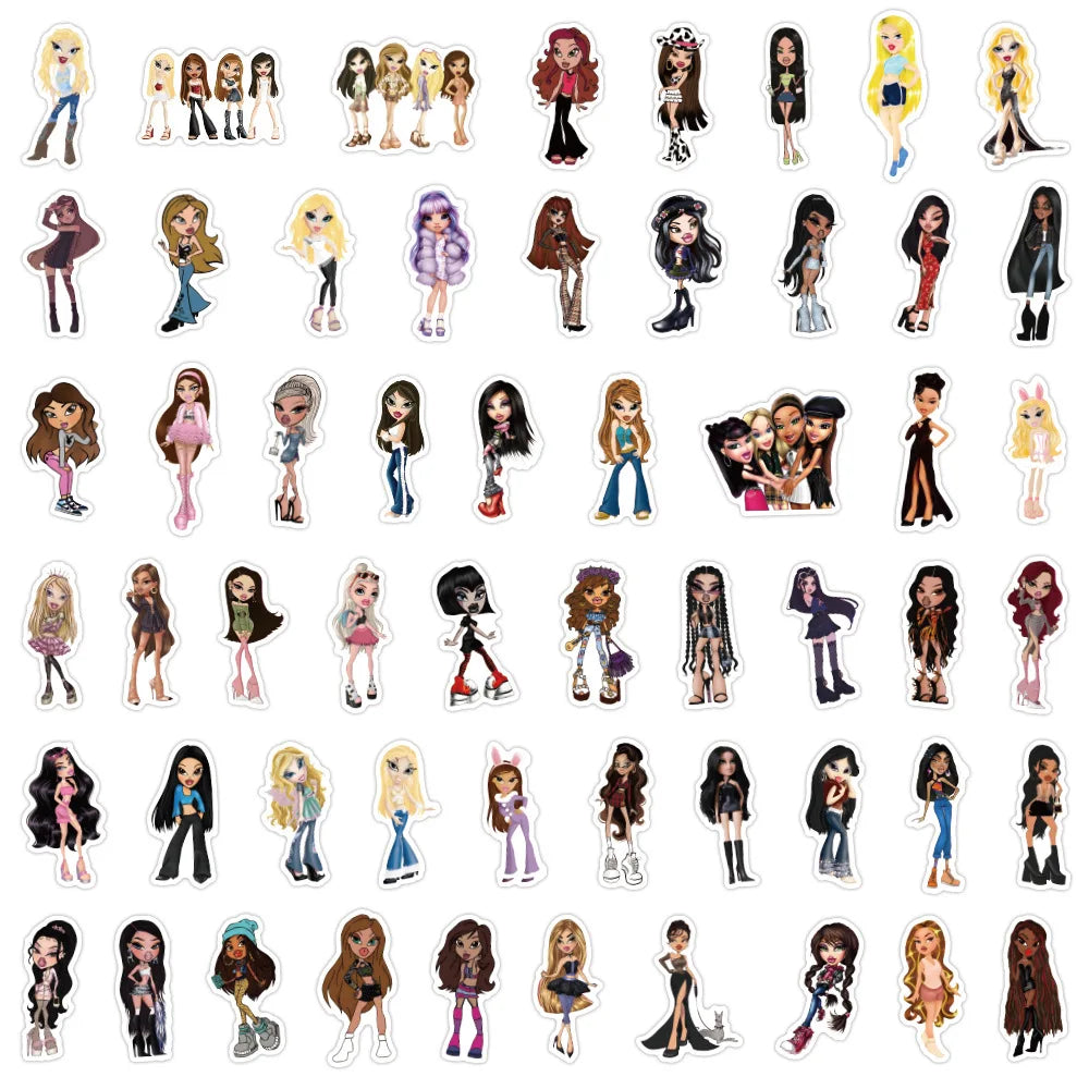 A collection of cartoon Bratz doll stickers featuring various characters and styles.