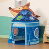 A blue rocket ship pop-up play tent with a fox head decoration on the background.
