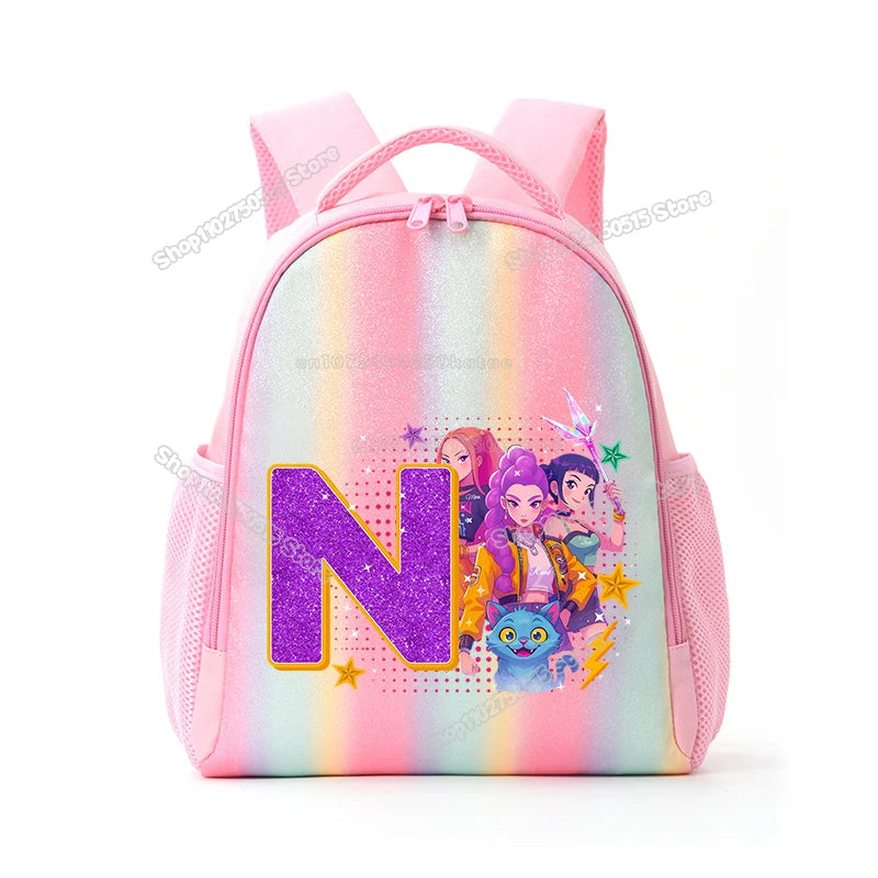 Pink backpack featuring a large purple letter N and anime characters on a rainbow gradient background