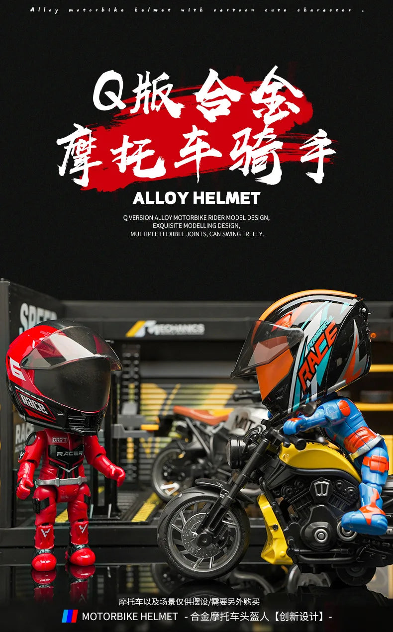 A detailed miniature collectible of an Alloy motorcycle helmet featuring a rider in full gear.