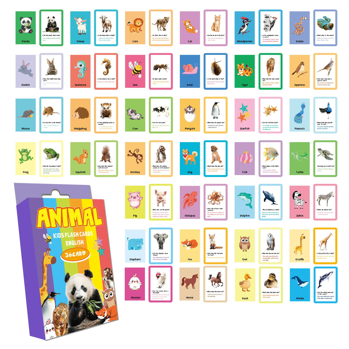 A collection of colorful animal flash cards for early learning, featuring various mammals, birds, and farm animals.