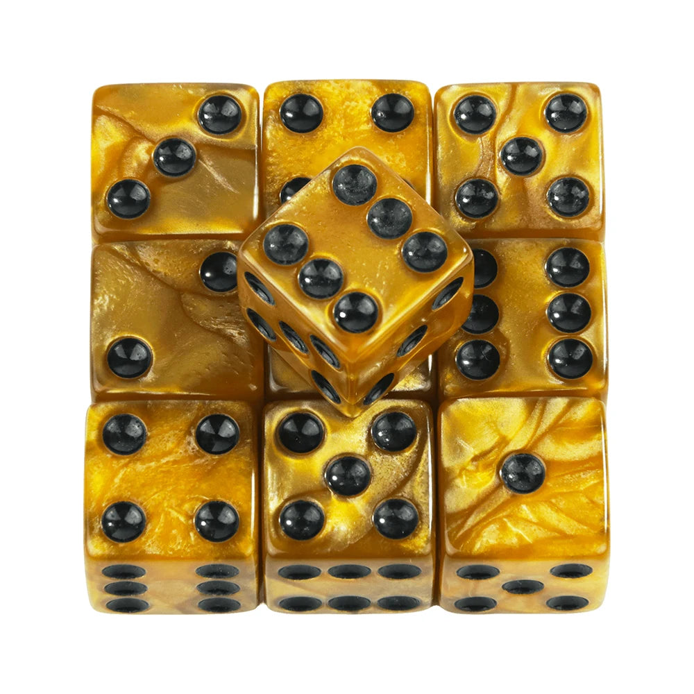 A set of ten marble acrylic dice in a golden yellow color arranged in a grid.