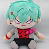 A plush doll of an anime character with bright green hair and red eyes wearing a gray jacket and red shirt.