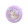A round, light purple silicone pin holder with a white unicorn design and small clouds.