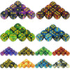 A collection of ten colorful 12mm gold standard dice in various arrangements and a storage tube.