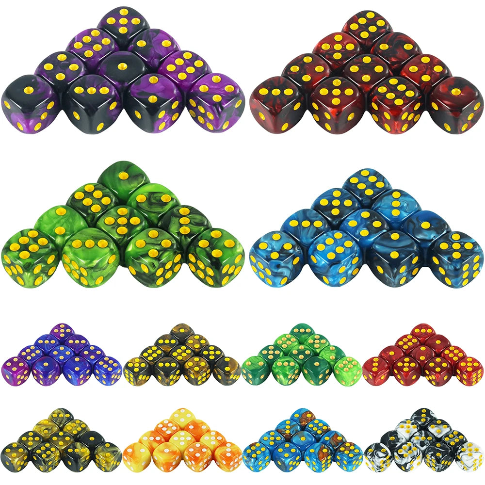 A collection of ten colorful 12mm gold standard dice in various arrangements and a storage tube.
