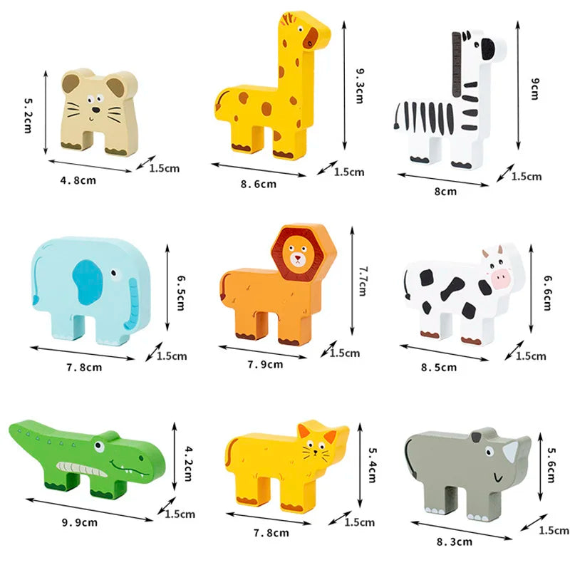 A set of wooden animal stacking balance game featuring various shapes and sizes like a giraffe, zebra, elephant, and others.