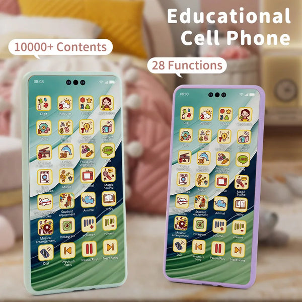 A colorful educational cell phone with various functions and content displayed on the screen.