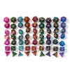 A set of seven polyhedral acrylic dice in various colors and shapes for tabletop role-playing games