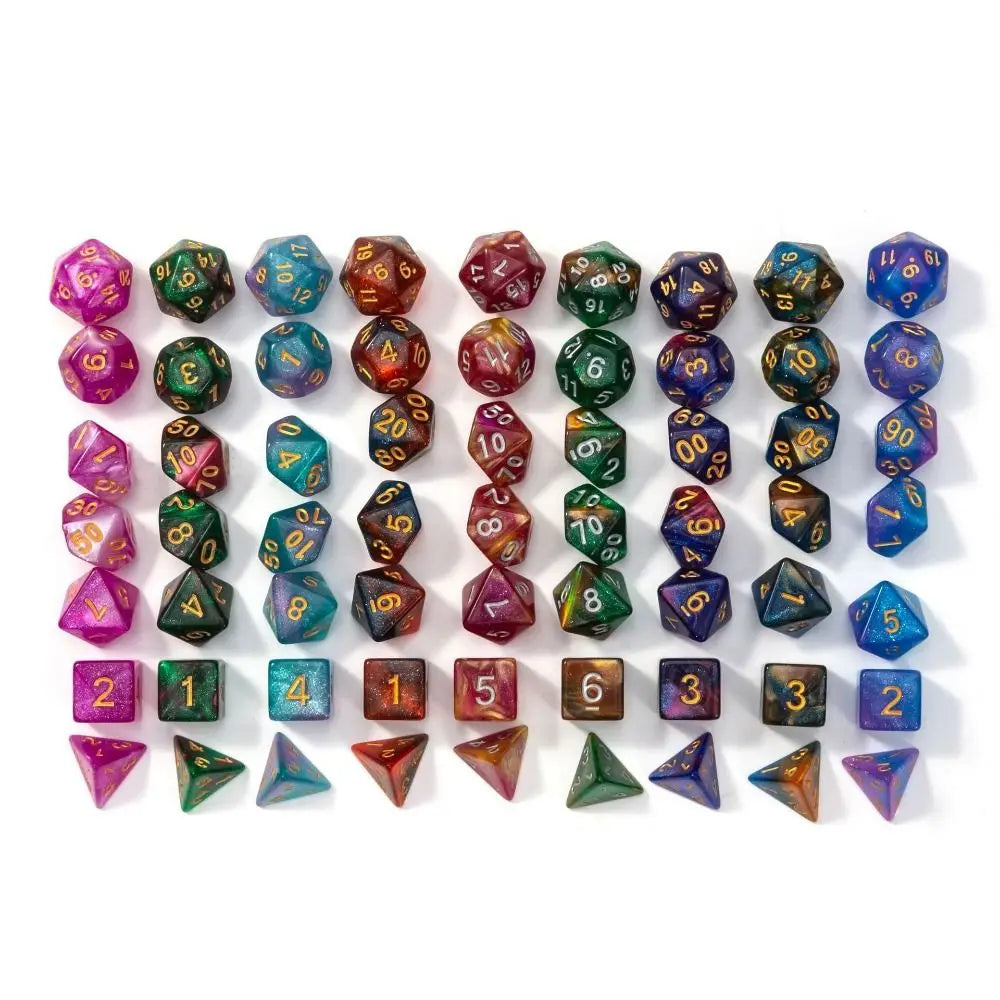 A set of seven polyhedral acrylic dice in various colors and shapes for tabletop role-playing games
