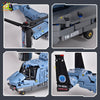 A blue V-22 Osprey military aircraft building block model kit shown from various angles.