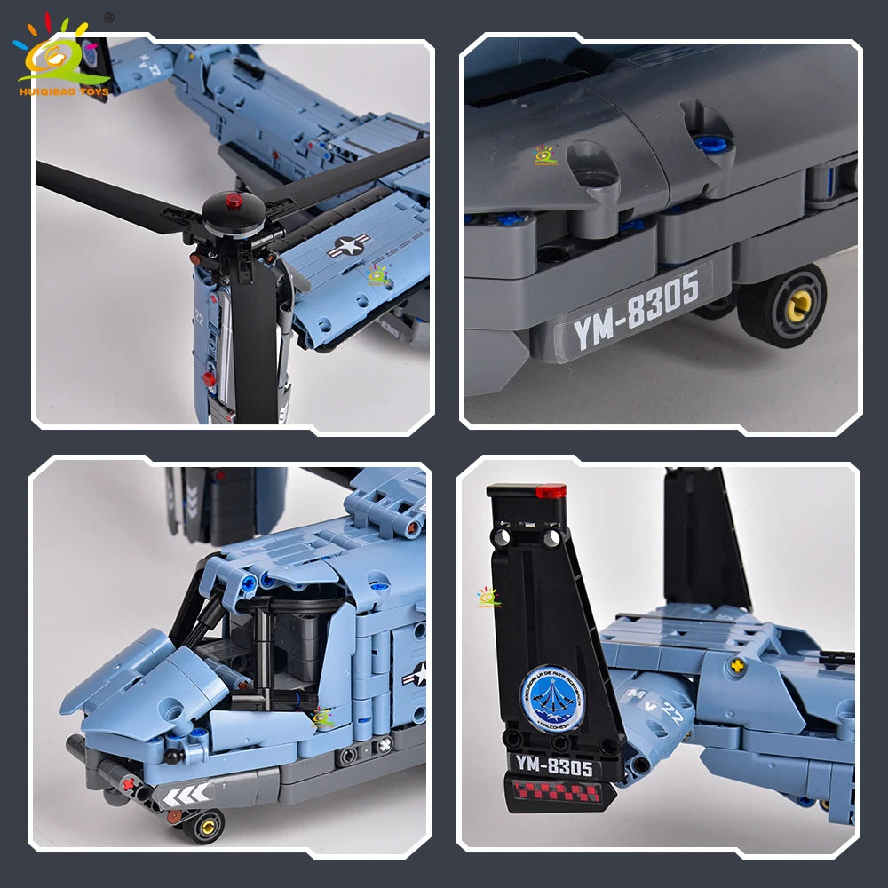 A blue V-22 Osprey military aircraft building block model kit shown from various angles.