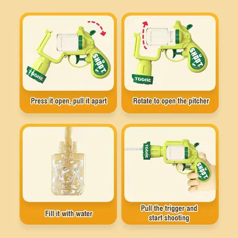 A yellow mini water blaster pistol is shown in various stages of use, including opening and filling with water.