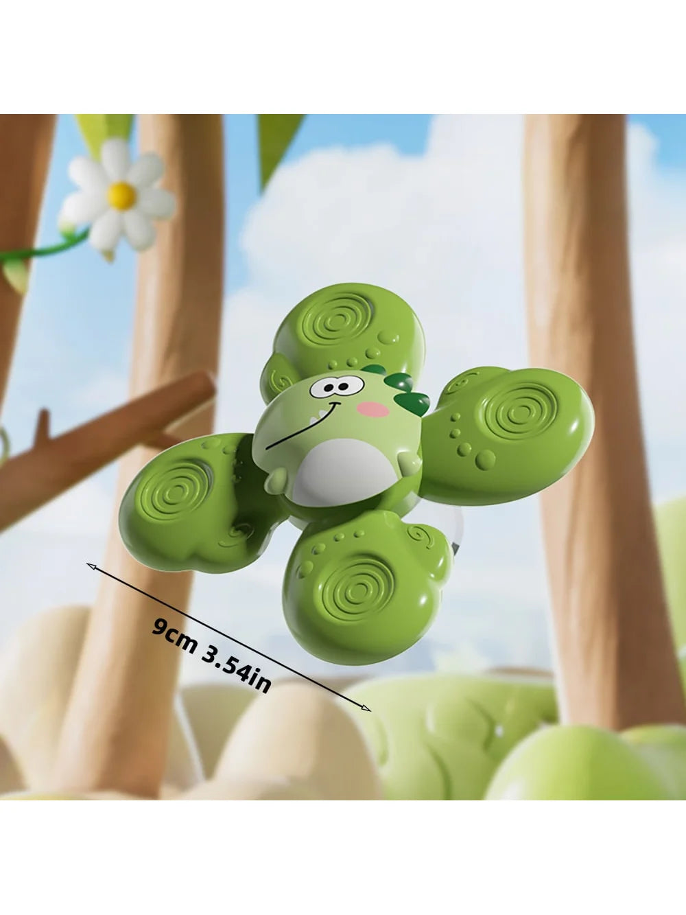 A green spinning bath toy set shaped like a frog for toddlers is shown against a light blue sky background.