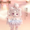 A delicate white figurine of a girl with pink hair and cat ears, surrounded by fluffy clouds.
