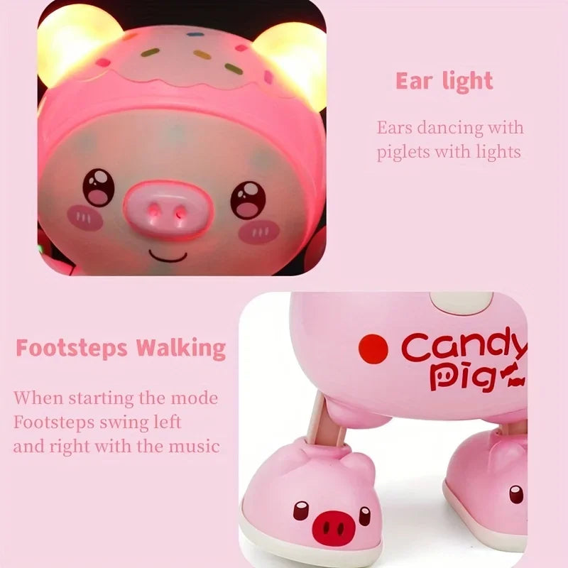 A pink interactive dancing pig toy with lights and music, shown in close-up and full view.