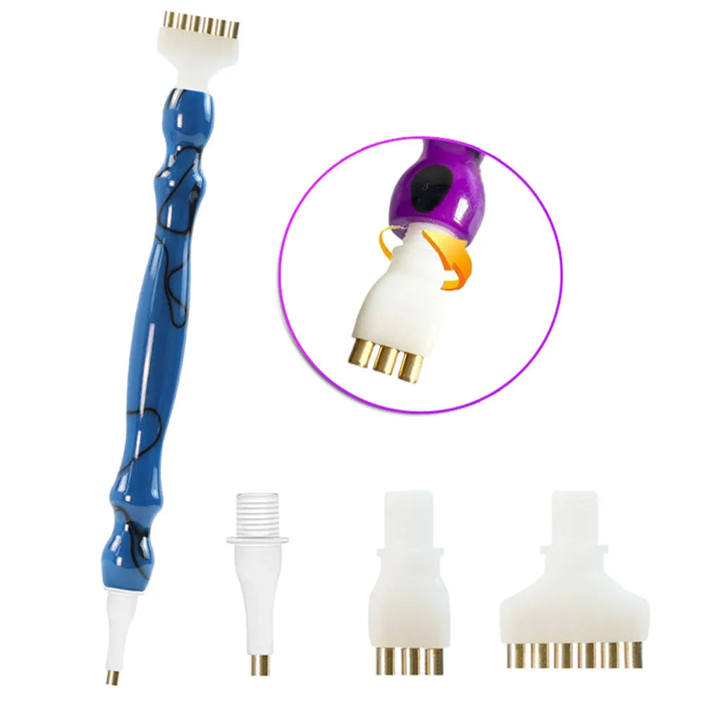A set of diamond painting pens with interchangeable tips shown in various forms and colors.
