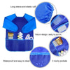 Blue waterproof kids art and baking apron with long sleeves featuring a pocket design
