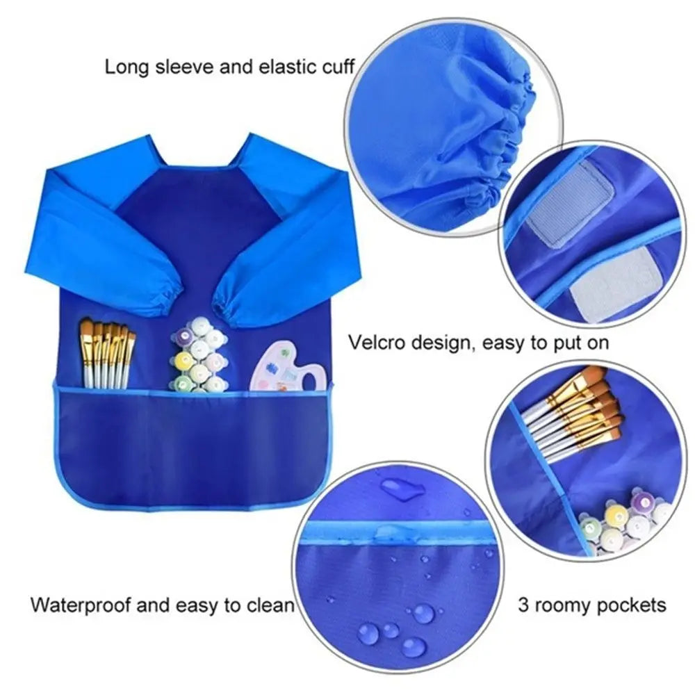 Blue waterproof kids art and baking apron with long sleeves featuring a pocket design