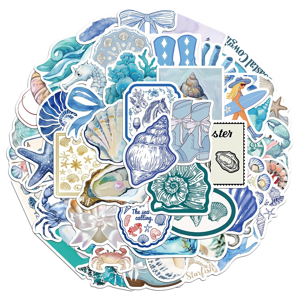A collection of ocean-themed stickers featuring sea creatures like whales, starfish, shells, and marine life.