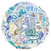 A collection of ocean-themed stickers featuring sea creatures like whales, starfish, shells, and marine life.