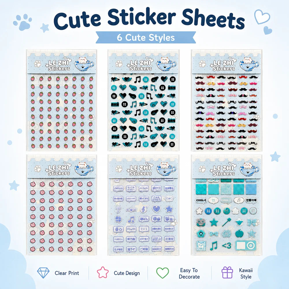 Six styles of cute sticker sheets featuring various designs for scrapbooking and crafting