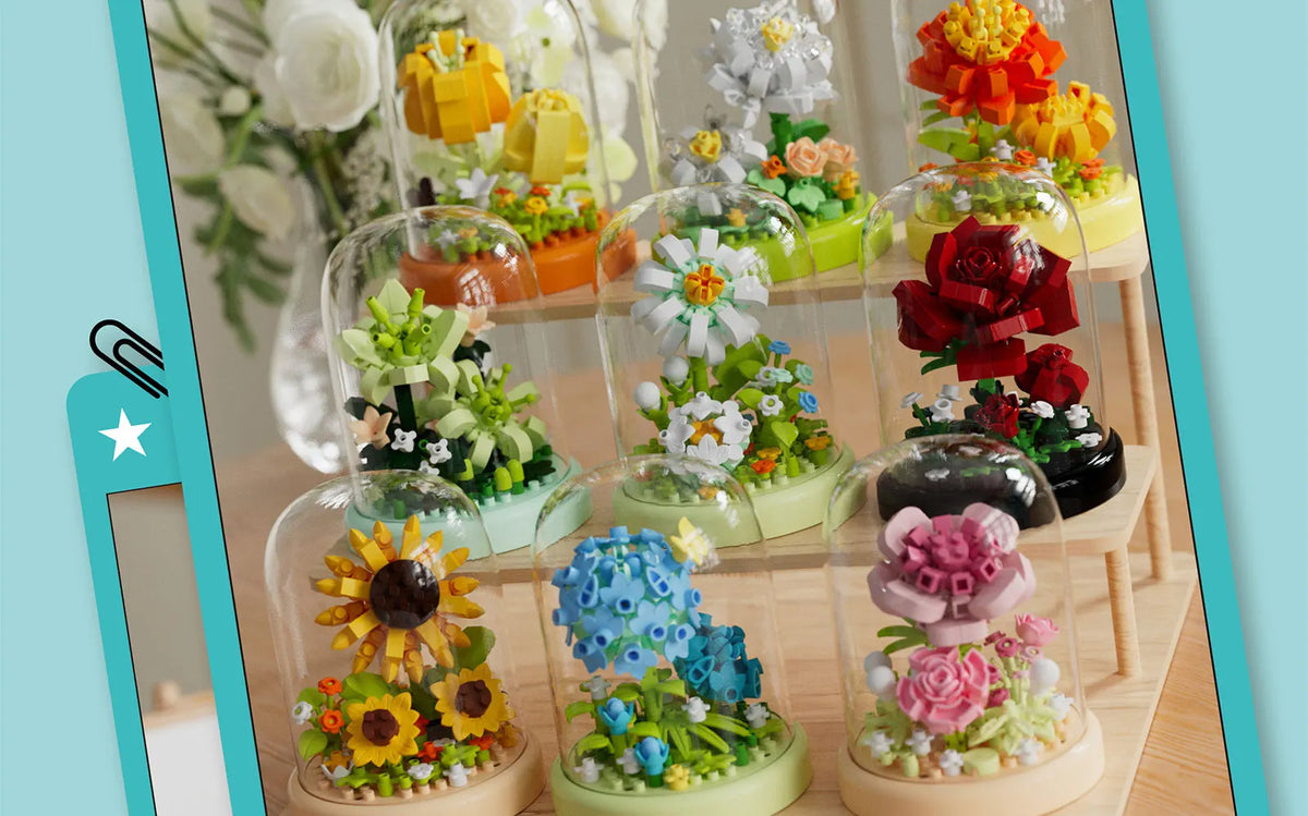 A display of DIY flower bouquet building blocks in various colors and arrangements.