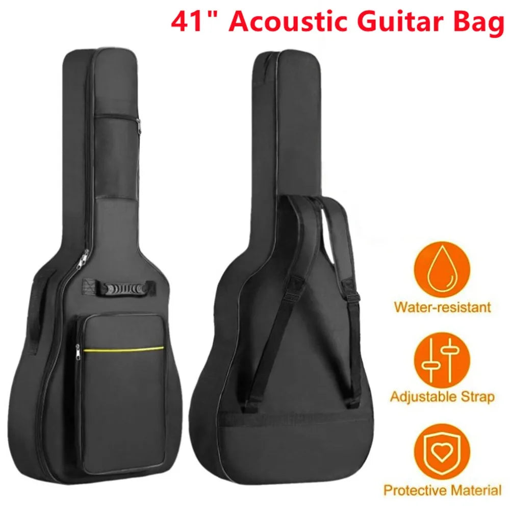 A pair of black padded water-resistant guitar bags for 41-inch acoustic and classical guitars.