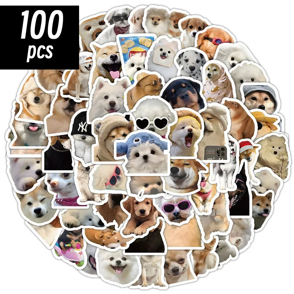 A collection of 100 funny dog stickers featuring various breeds and expressions.