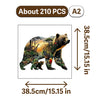 A jigsaw puzzle featuring a bear and various other animals on a scenic background.
