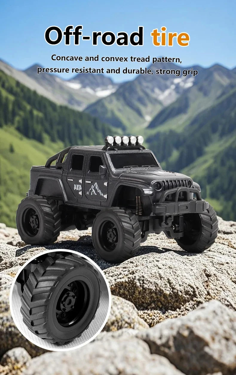 A black off-road RC car with large tires and LED lights is positioned on a rocky outdoor terrain.