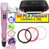 A pink 3D printing pen with an LCD display, a black carrying case, and three colors of PLA filament spools.