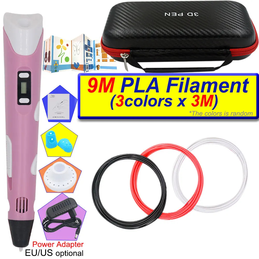 A pink 3D printing pen with an LCD display, a black carrying case, and three colors of PLA filament spools.