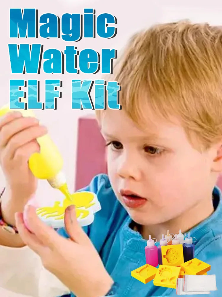 A young boy is using a yellow squeezing tool to dispense colorful water beads from a kit.