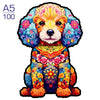A detailed illustration of a puppy dog with colorful, fluffy fur and ornate floral patterns.
