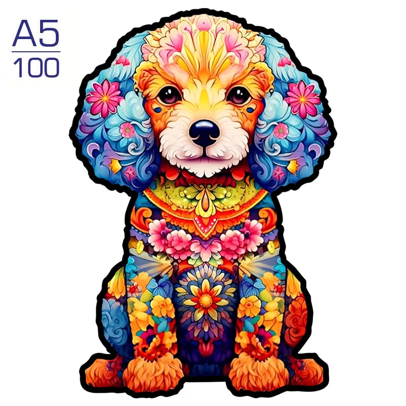 A detailed illustration of a puppy dog with colorful, fluffy fur and ornate floral patterns.
