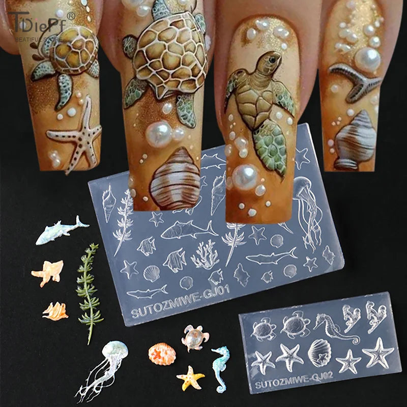 Nail art molds featuring sea creatures and shells for DIY nail design