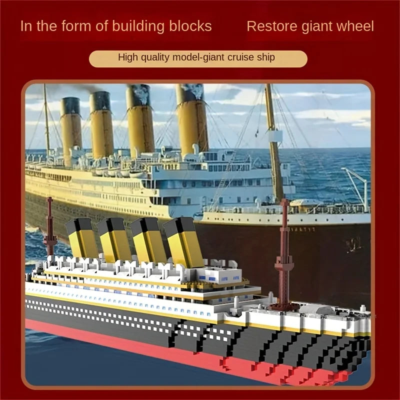 A model of a giant cruise ship built from building blocks sailing on blue water.