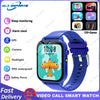 A blue kids smart watch with a purple strap displaying various features like sleep monitoring, alarm clock, GPS, camera, flas