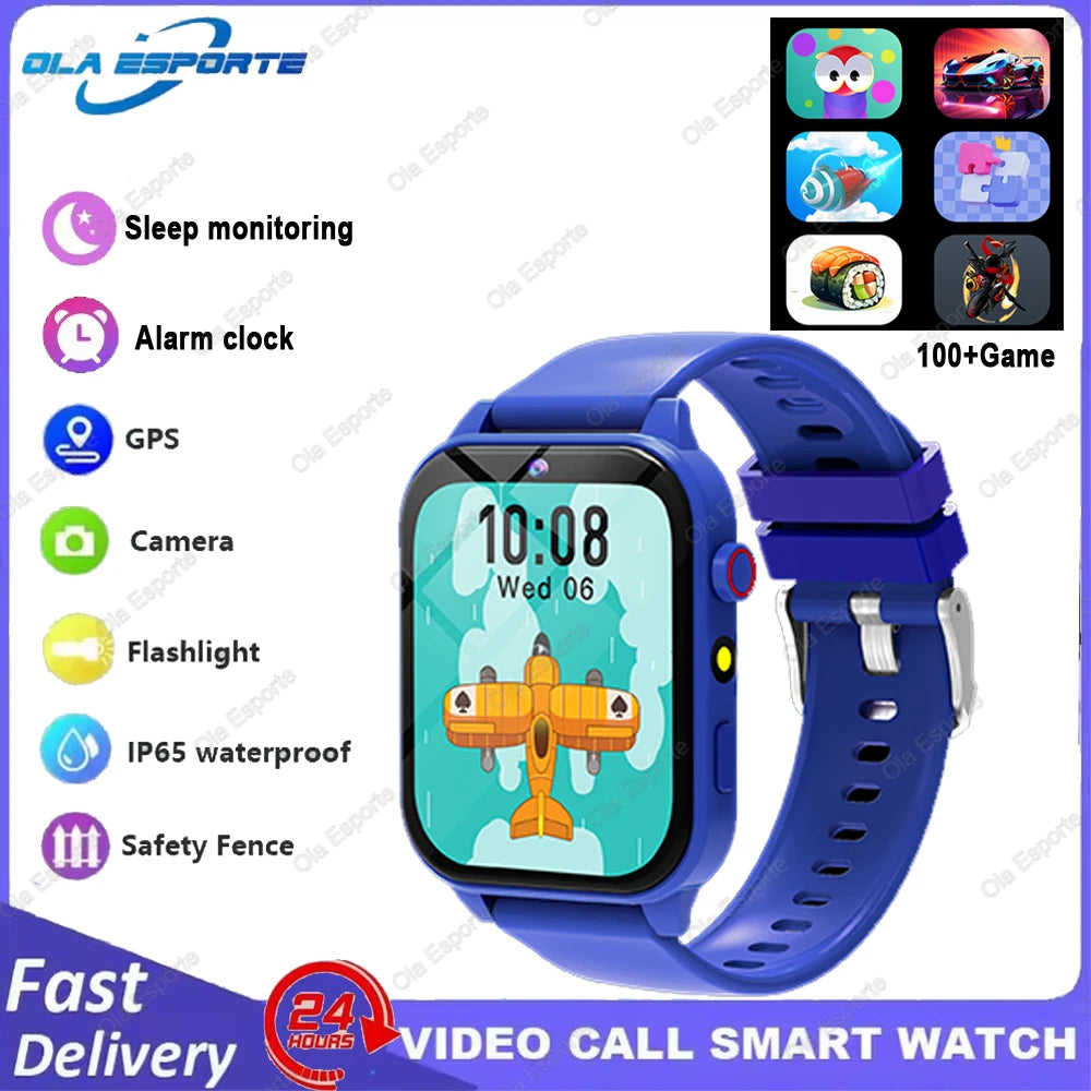 A blue kids smart watch with a purple strap displaying various features like sleep monitoring, alarm clock, GPS, camera, flas