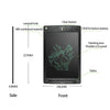 Front view of a black LCD writing tablet showing dimensions and features like the clear button and stylus.