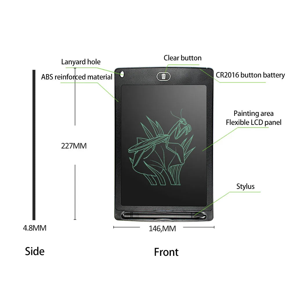 Front view of a black LCD writing tablet showing dimensions and features like the clear button and stylus.