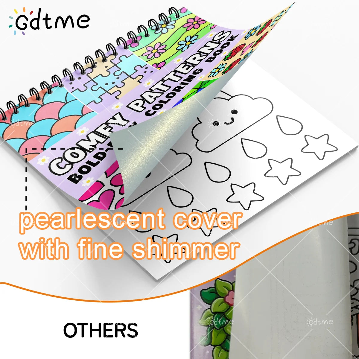 A colorful adult coloring book with a pearlescent cover and fine shimmer, showing patterned pages.