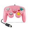 A pink wired game controller for the Nintendo GameCube console.