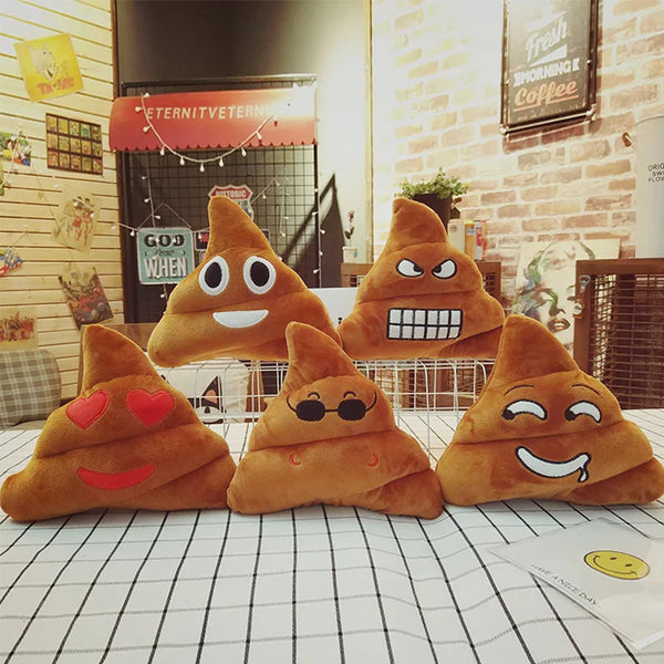 A collection of funny, brown plush poop soft toys for kids displayed on a white checkered surface.